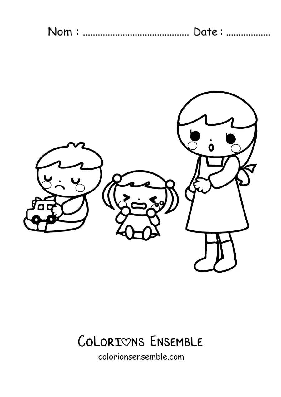 Image à colorier de deux enfants qui jouent à la maternelle avec la maîtresse