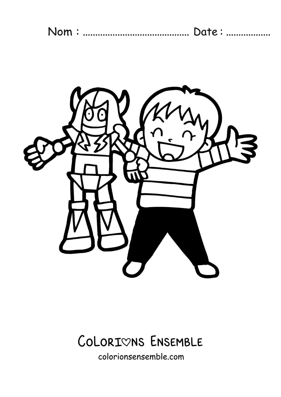 Image à colorier d'un petit garçon qui joue avec son robot jouet