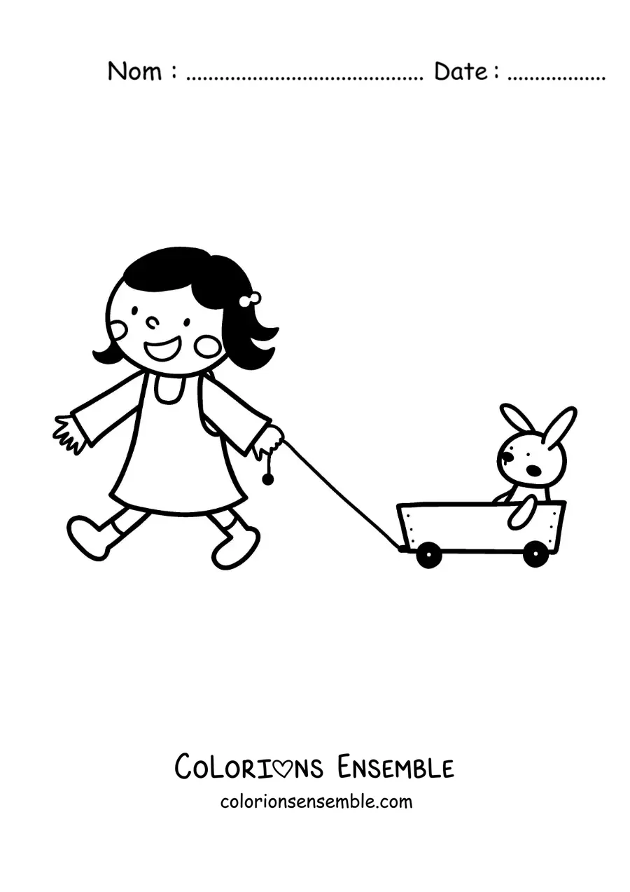 Image à colorier d'une petite fille qui joue avec son lapin en peluche
