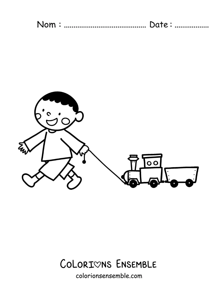 Image à colorier d'un petit garçon qui joue avec son train jouet