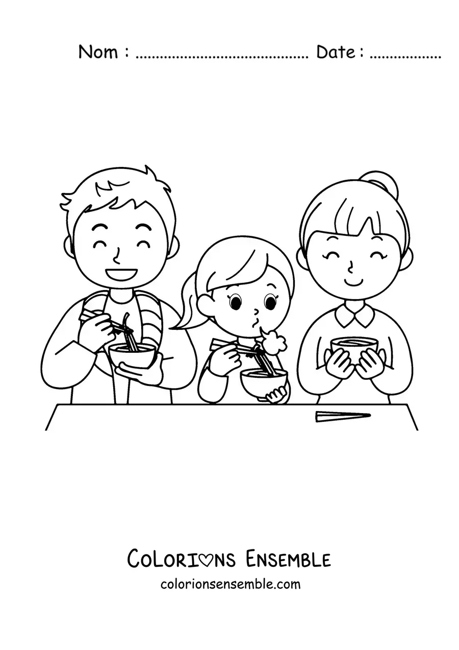 Image à colorier d'une famille qui dîne avec des pâtes