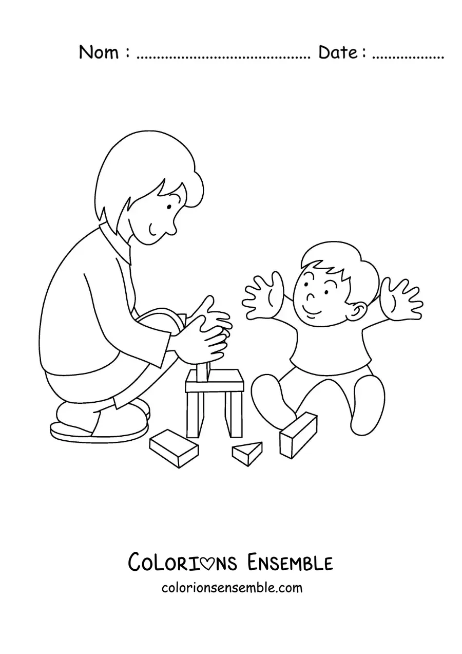 Image à colorier d'une maman qui joue avec son petit garçon