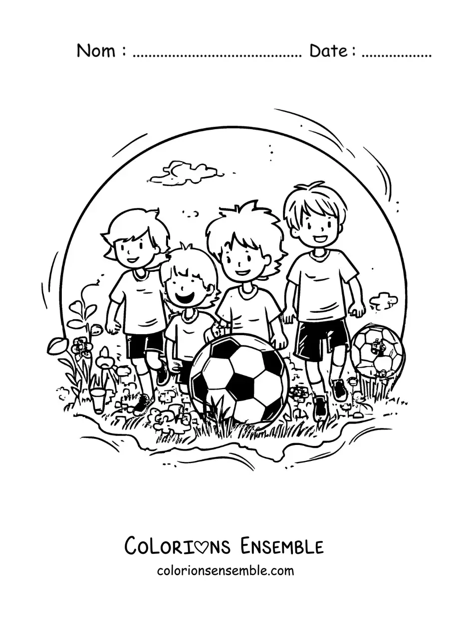 Image à colorier d'un groupe d'enfants qui jouent au football