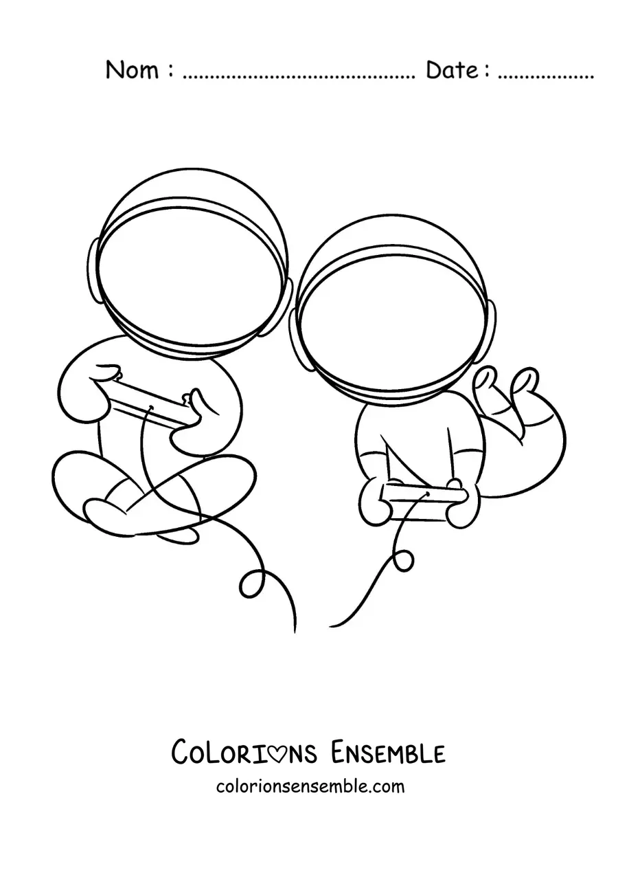 Image à colorier de deux astronautes animés qui jouent aux jeux vidéo