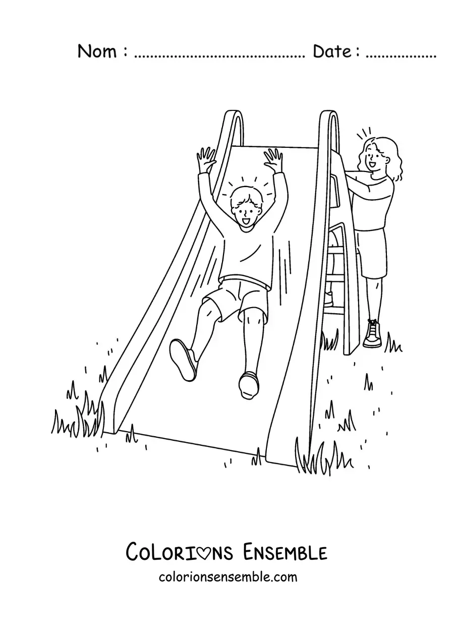 Image à colorier de deux enfants qui jouent sur un toboggan