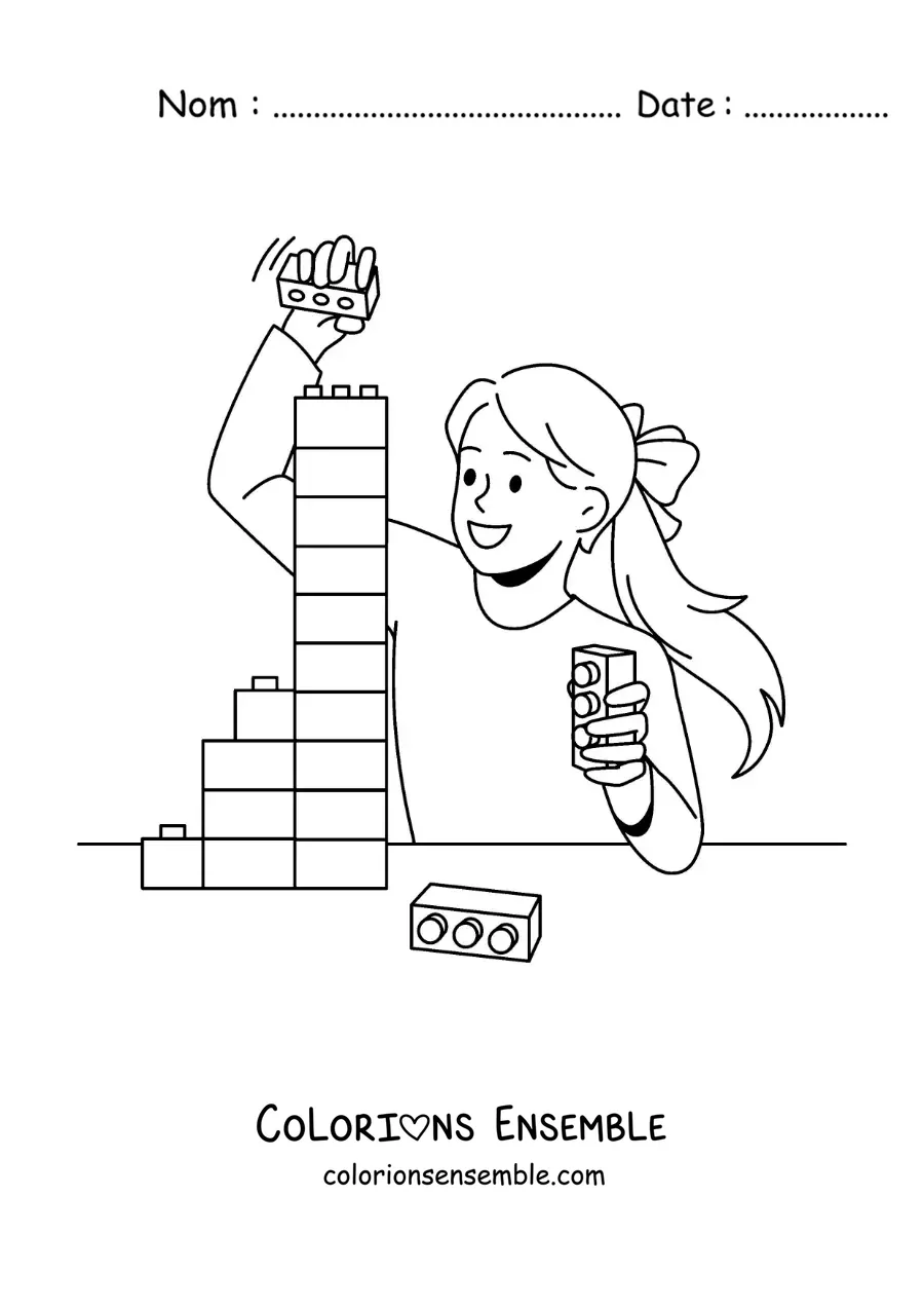 Image à colorier d'une petite fille qui joue avec des cubes