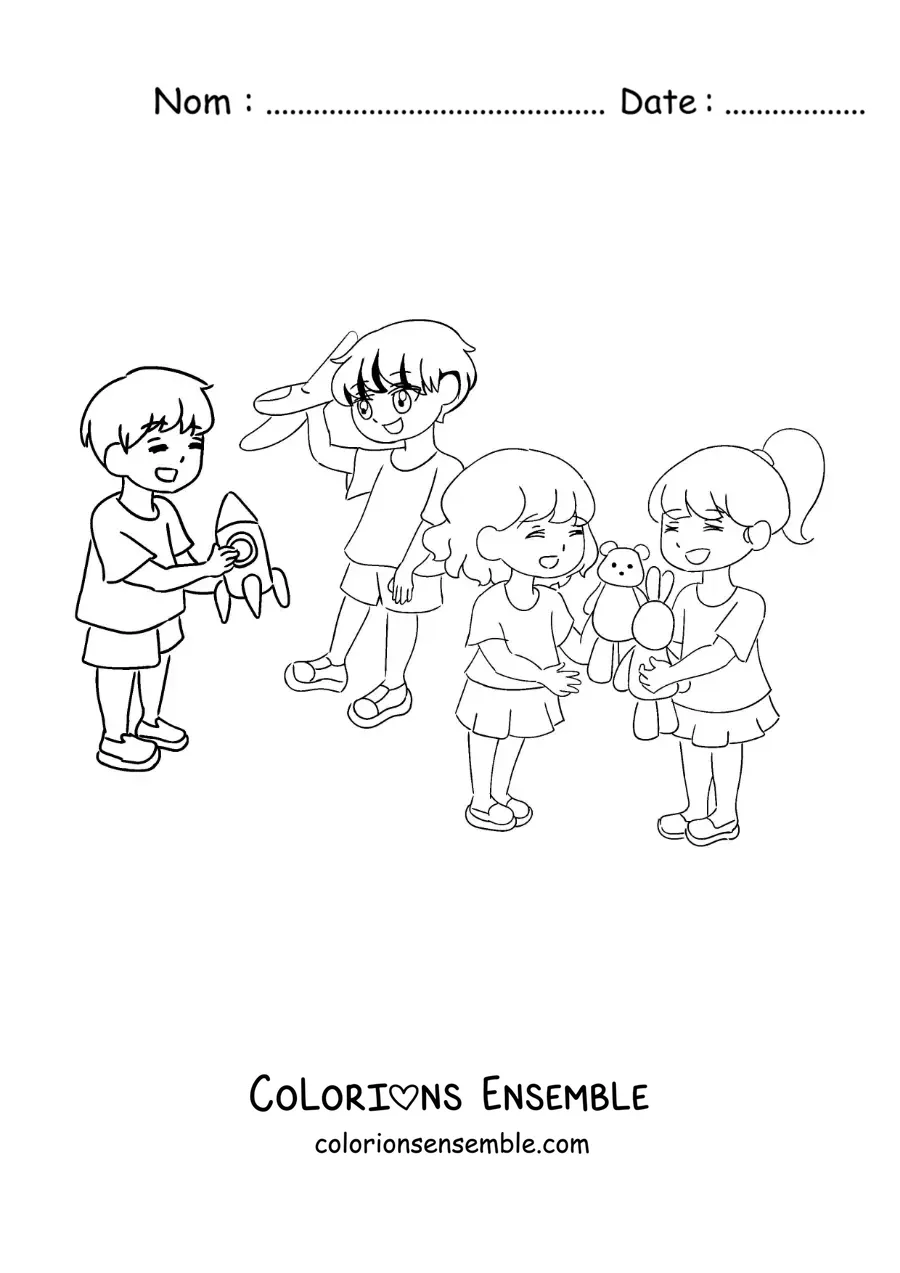 Image à colorier de garçons et de filles qui jouent avec des jouets à l'école