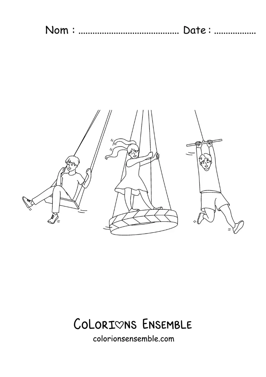 Image à colorier d'enfants qui jouent sur les balançoires du parc