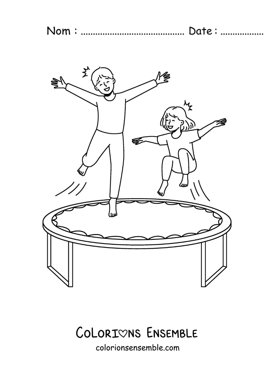 Image à colorier d'enfants qui jouent sur un trampoline
