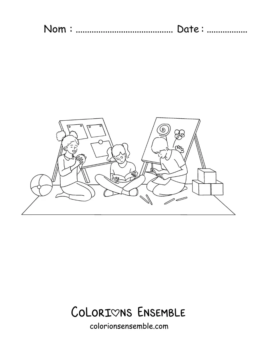 Image à colorier d'enfants qui jouent et étudient à l'école