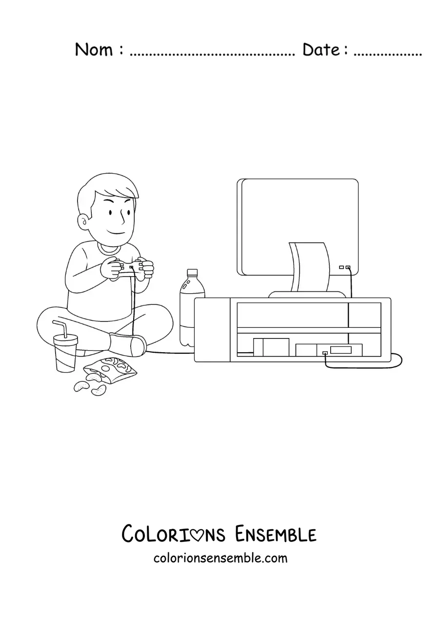 Image à colorier d'un petit garçon assis qui joue aux jeux vidéo devant la télévision