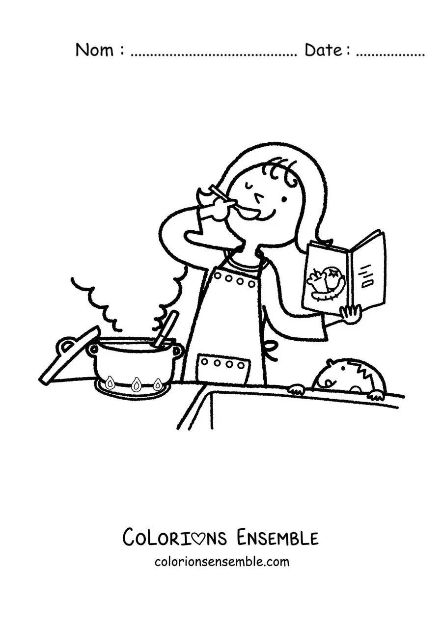 Image à colorier d'une maman qui cuisine pendant que son fils la regarde