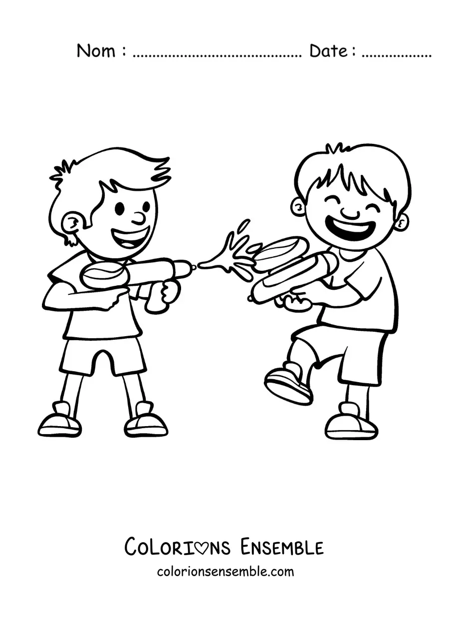 Image à colorier de deux amis qui jouent avec des pistolets à eau