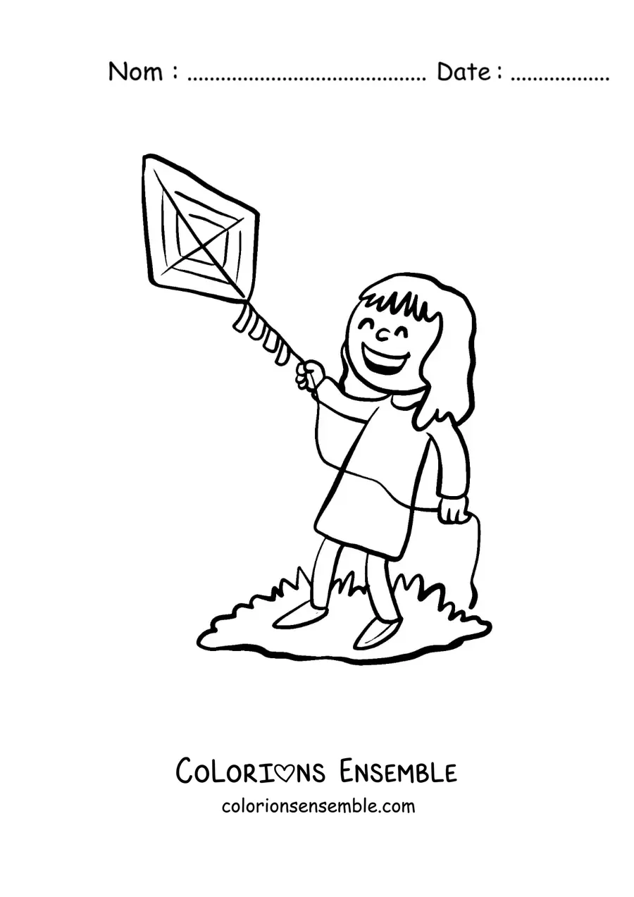 Image à colorier d'une petite fille qui joue avec un cerf-volant