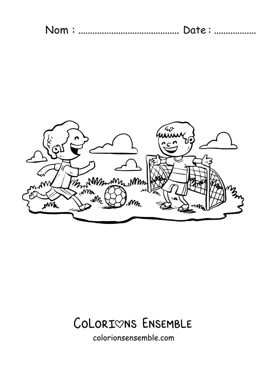 Image à colorier de deux enfants animés qui jouent au football dans le parc