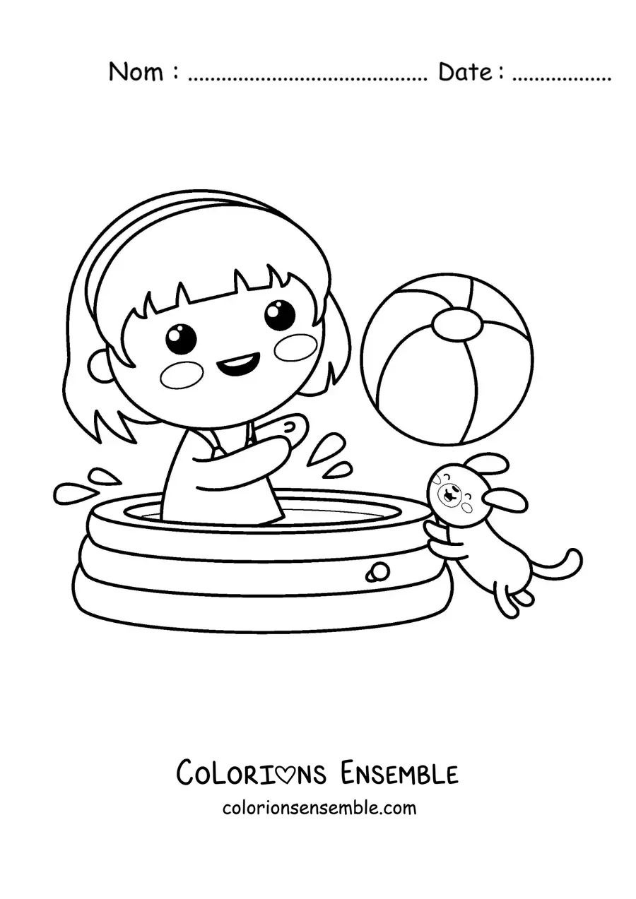 Image à colorier d'une petite fille kawaii qui joue avec un ballon dans la piscine