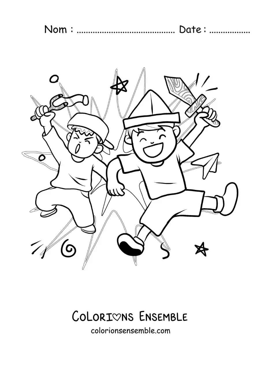 Image à colorier de deux amis qui jouent avec des jouets