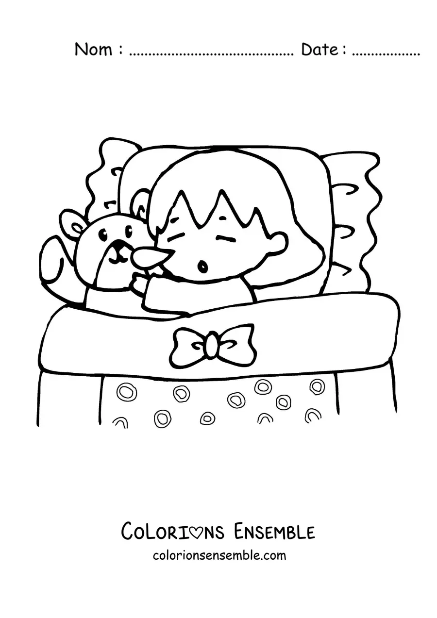 Image à colorier d'une petite fille qui dort avec son ourson en peluche dans son lit