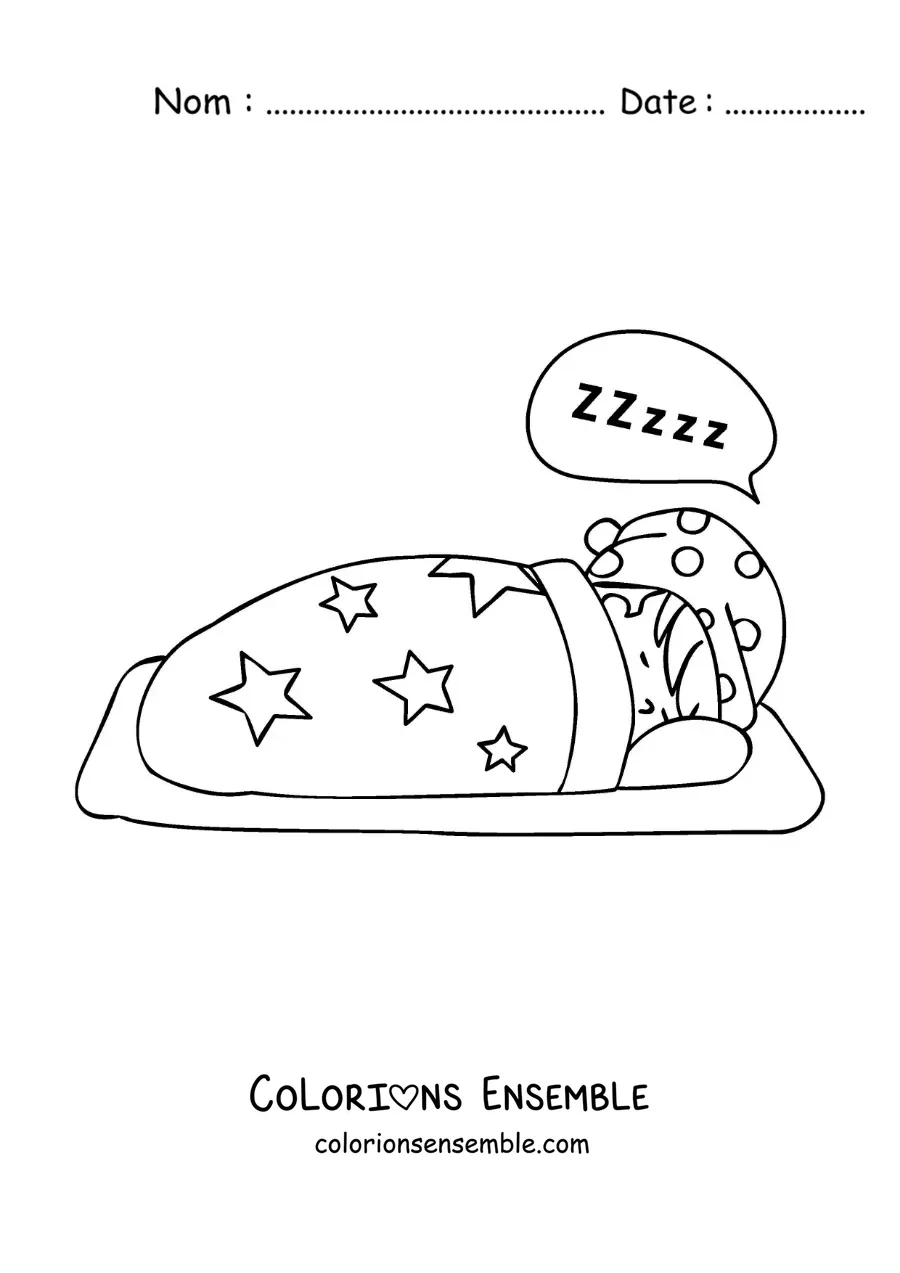 Image à colorier d'un petit garçon en pyjama qui dort dans son lit