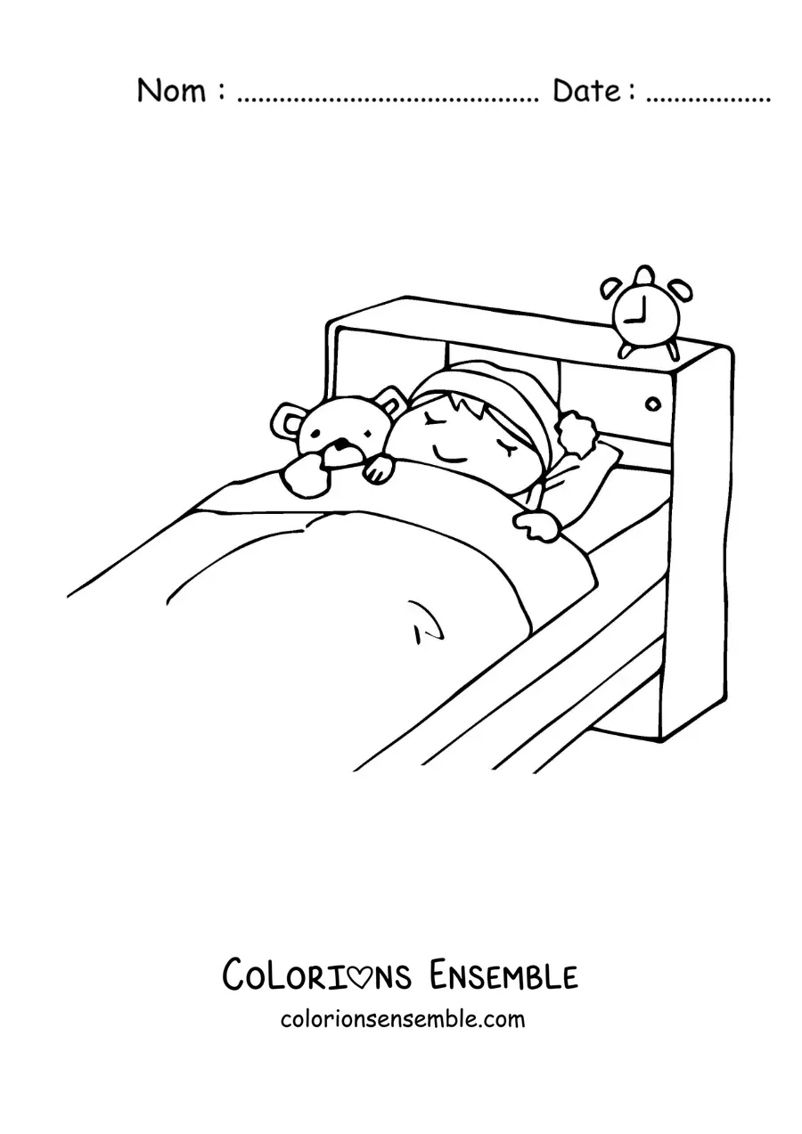 Image à colorier d'une petite fille qui dort dans sa chambre