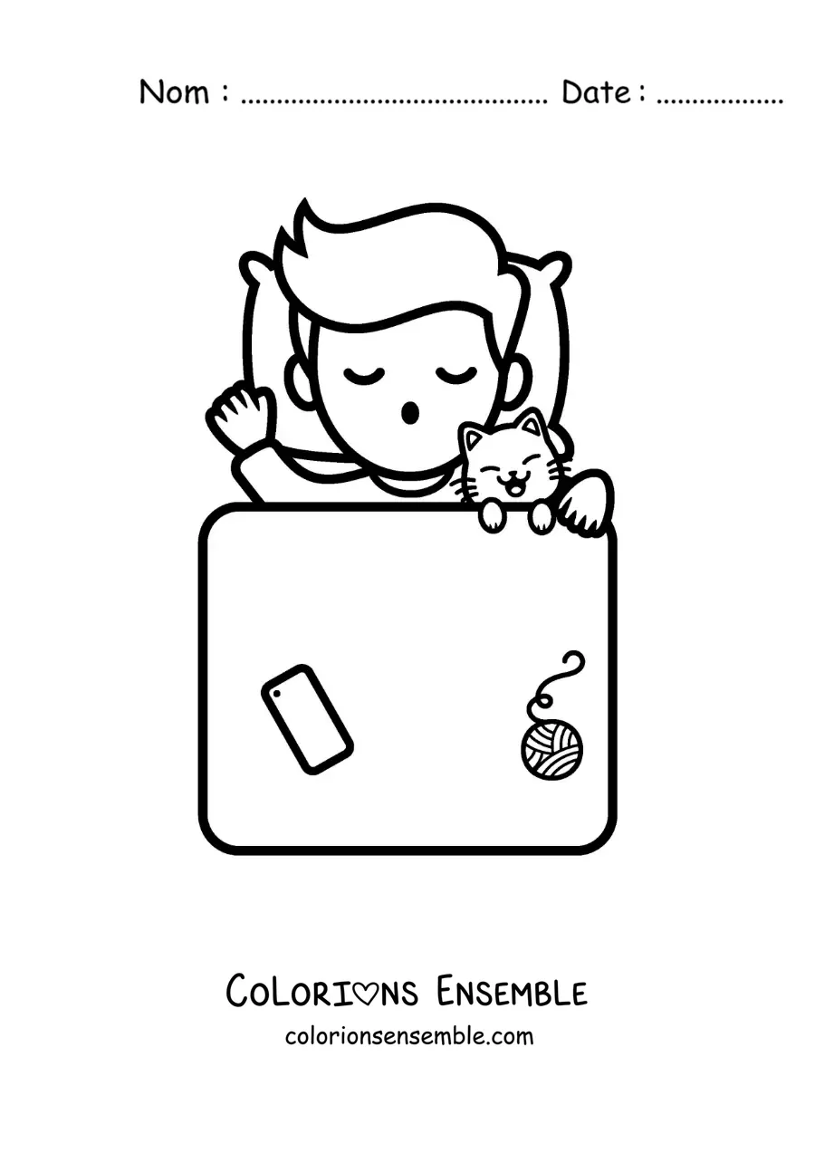Image à colorier d'un petit garçon qui dort avec son chat