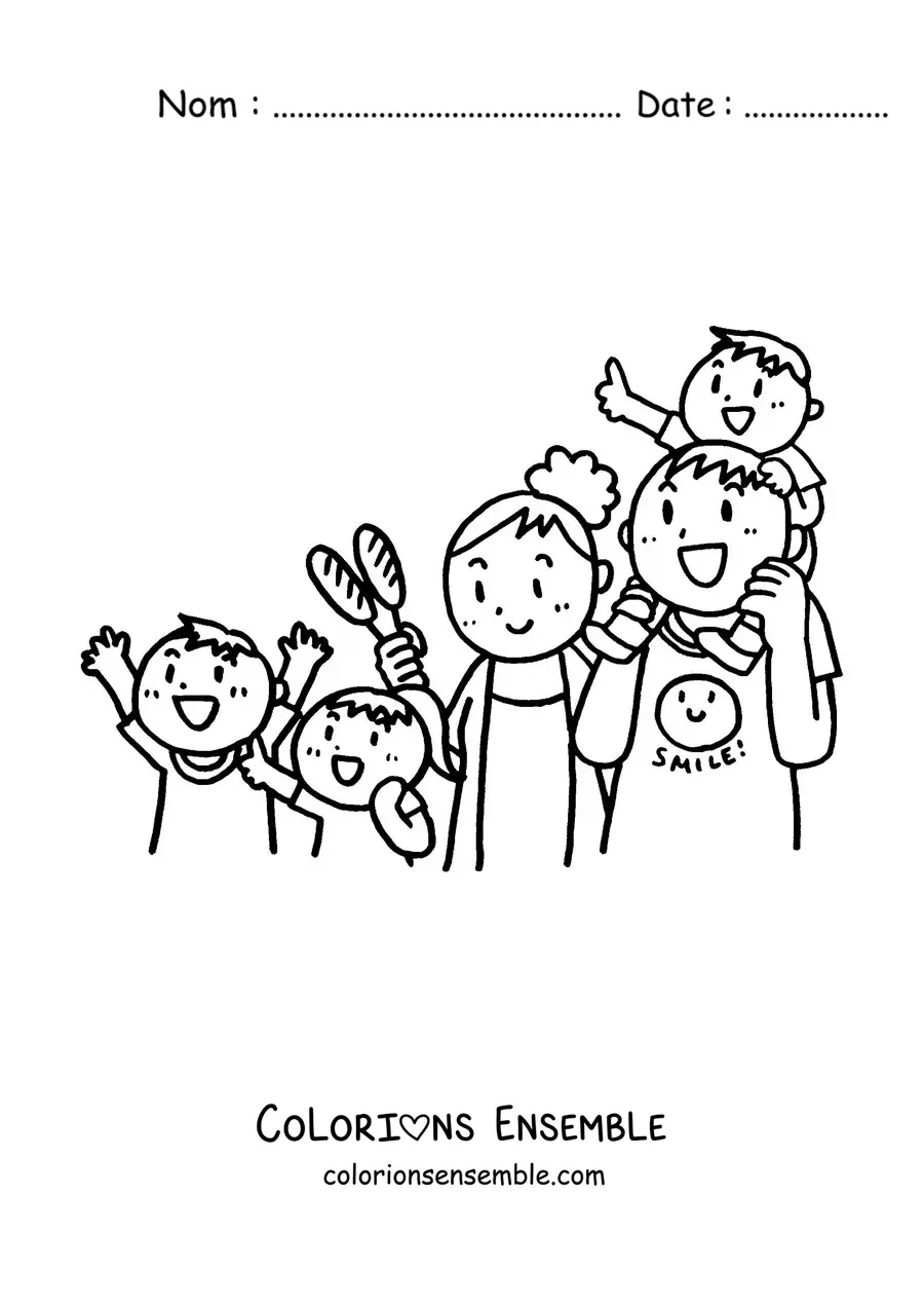 Image à colorier d'une famille de deux parents et trois enfants