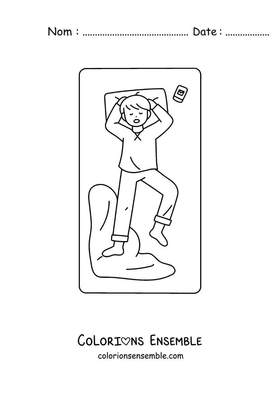 Image à colorier d'un petit garçon endormi dans son lit à côté de son téléphone
