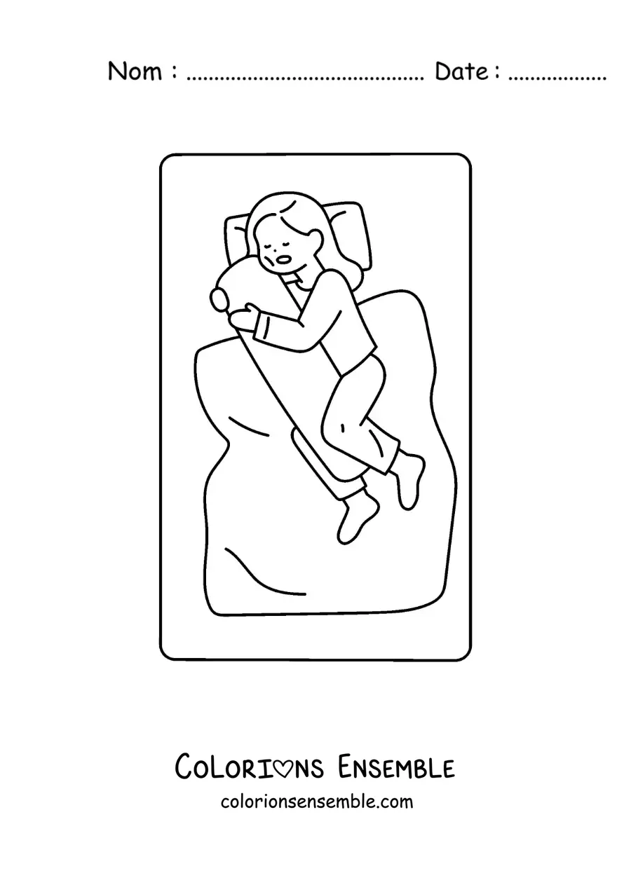 Image à colorier d'une petite fille endormie dans son lit qui serre un oreiller