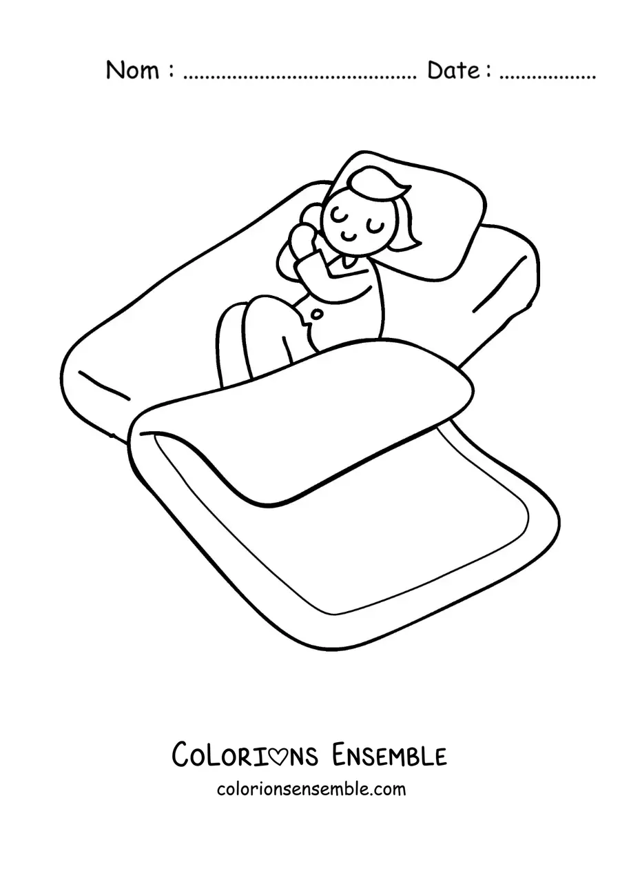 Image à colorier d'un petit garçon endormi dans son lit