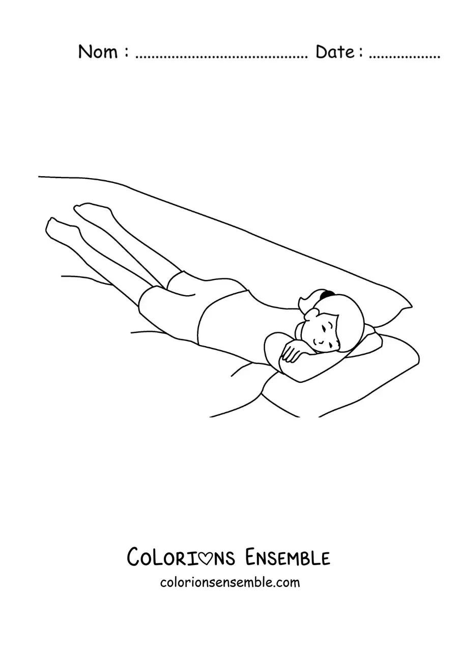 Image à colorier d'une petite fille allongée et endormie dans son lit