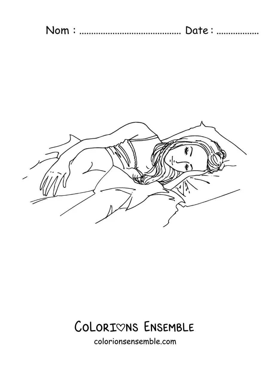 Image à colorier d'une fille style anime qui dort dans son lit