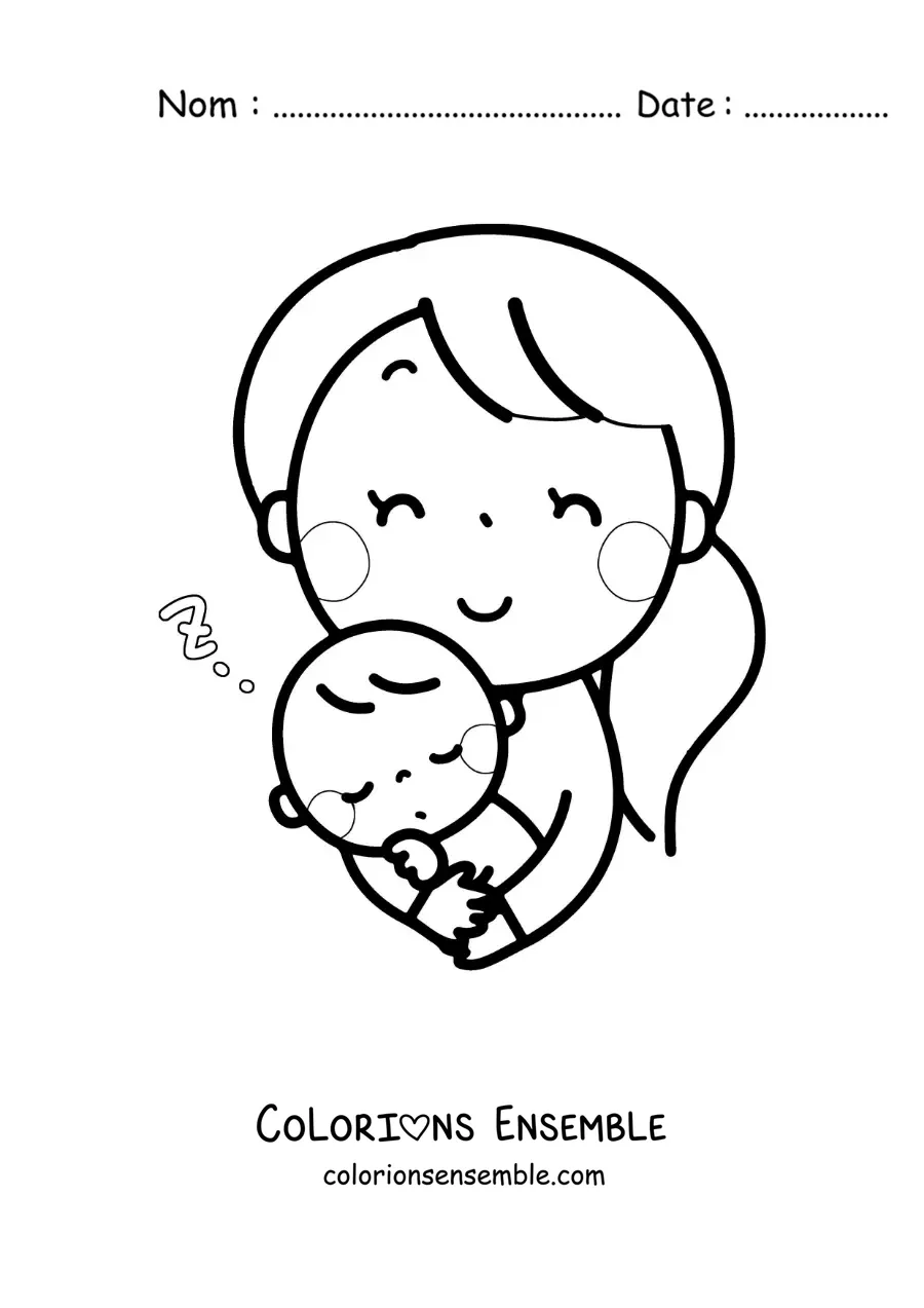 Image à colorier d'une maman qui endort son bébé dans ses bras