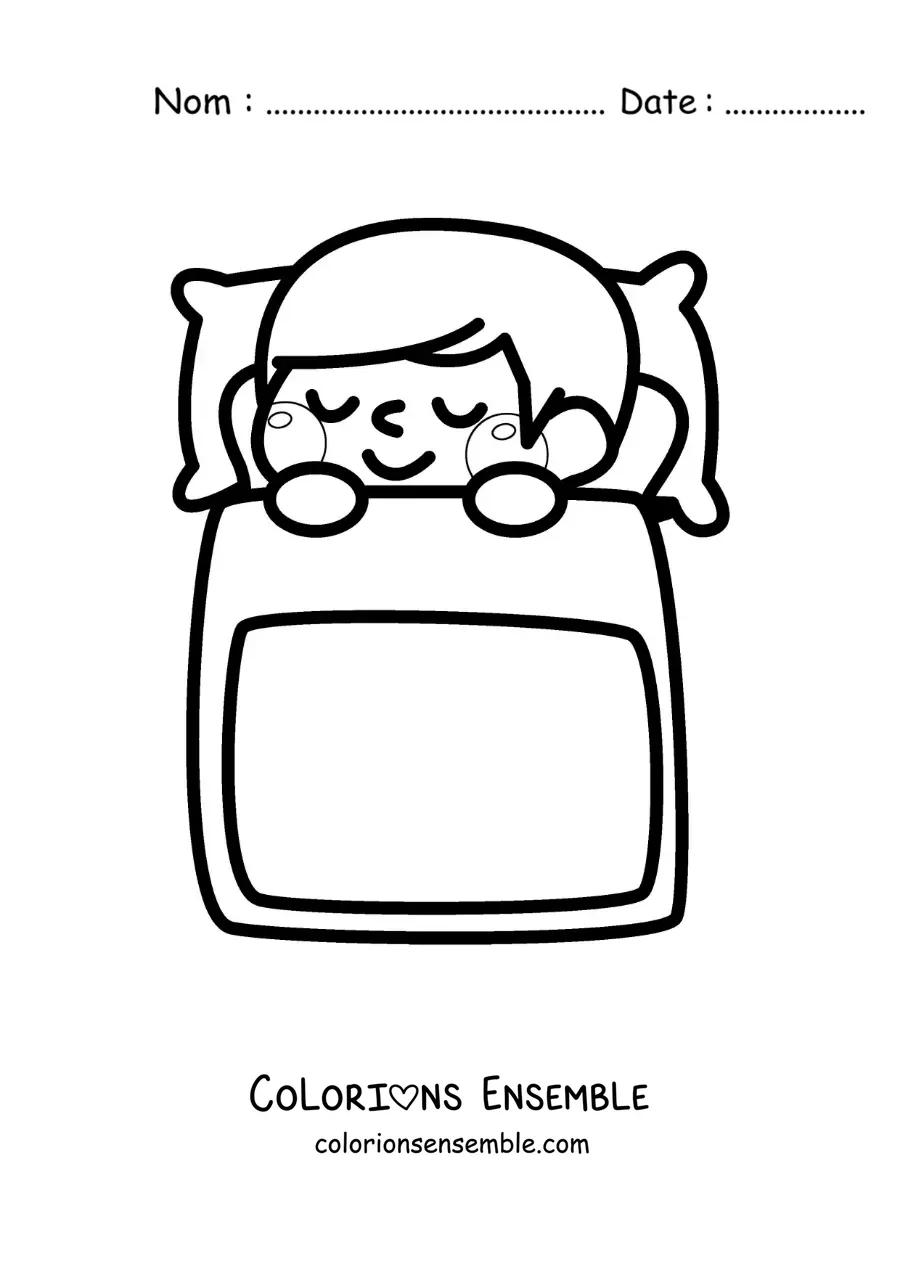 Image à colorier d'une petite fille kawaii qui dort dans son lit