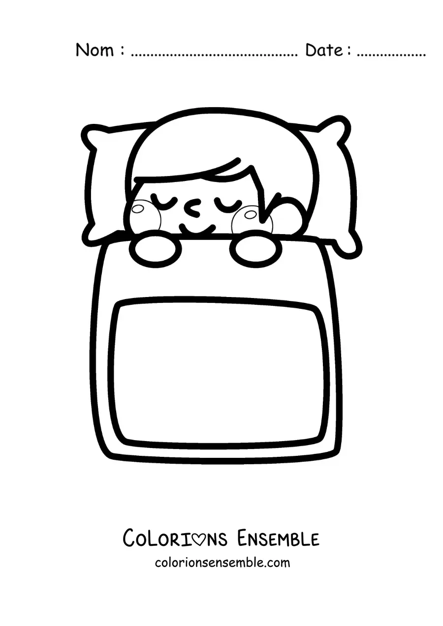 Image à colorier d'un petit garçon kawaii qui dort dans son lit