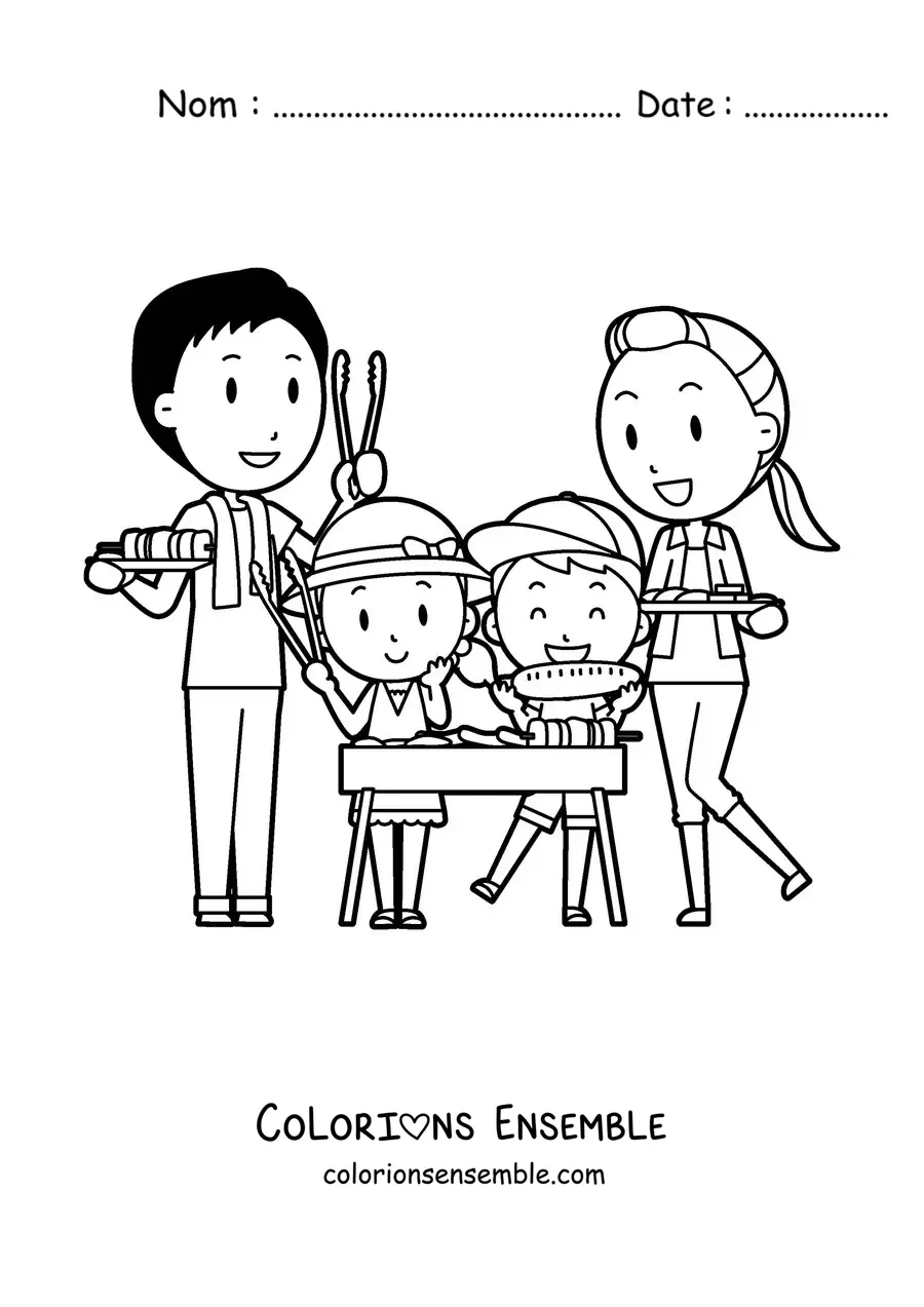 Image à colorier d'une famille qui fait un barbecue