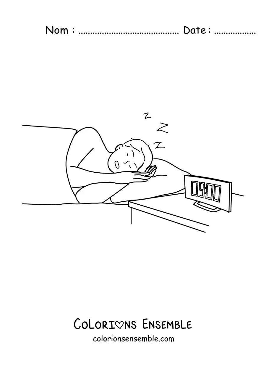 Image à colorier d'un jeune garçon endormi dans son lit avec une horloge qui marque 9 heures
