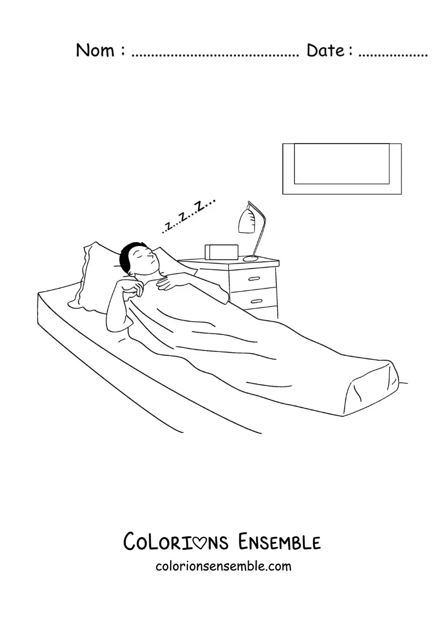 Image à colorier d'un homme endormi dans son lit en train de rêver