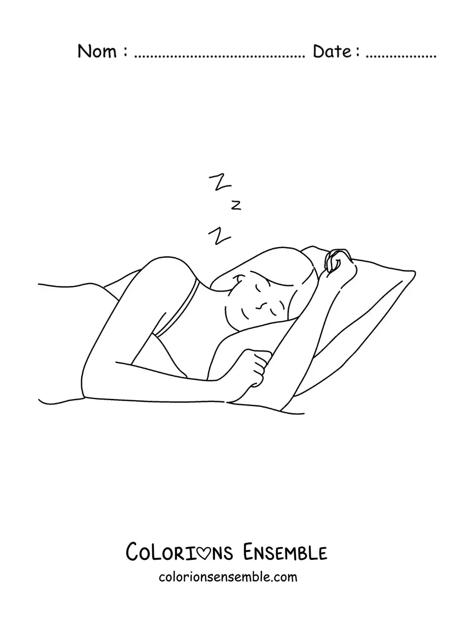 Image à colorier d'une petite fille qui dort confortablement sur son oreiller