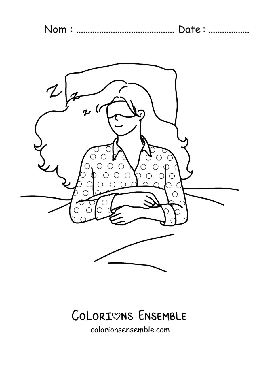 Image à colorier d'une petite fille qui dort dans son lit avec un masque de nuit