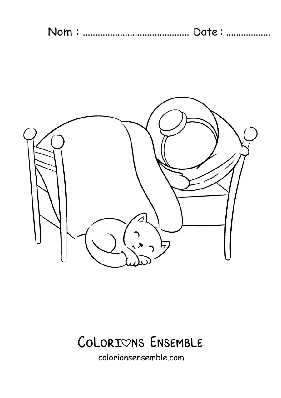 Image à colorier d'un astronaute animé qui dort dans son lit avec son chat