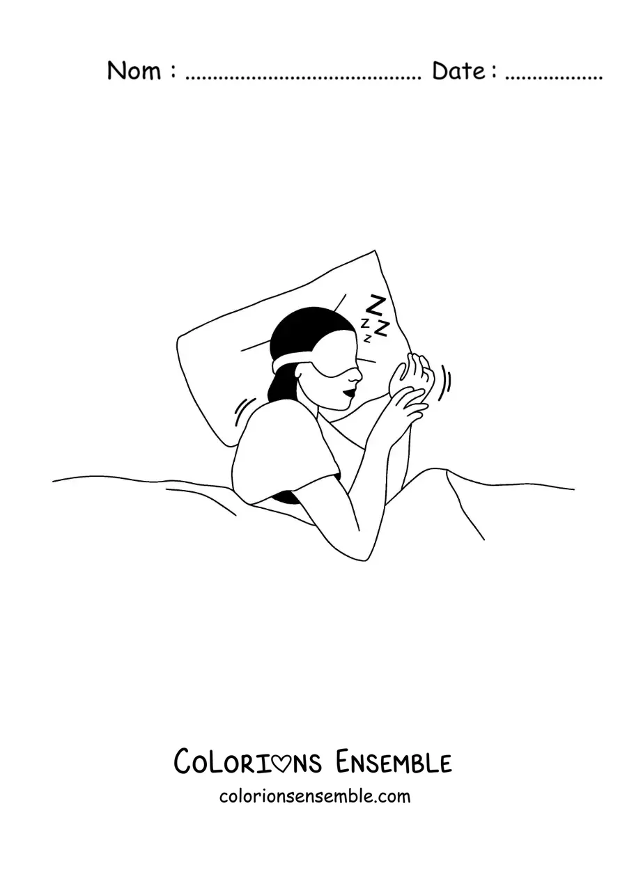 Image à colorier d'une femme qui dort avec un masque de nuit