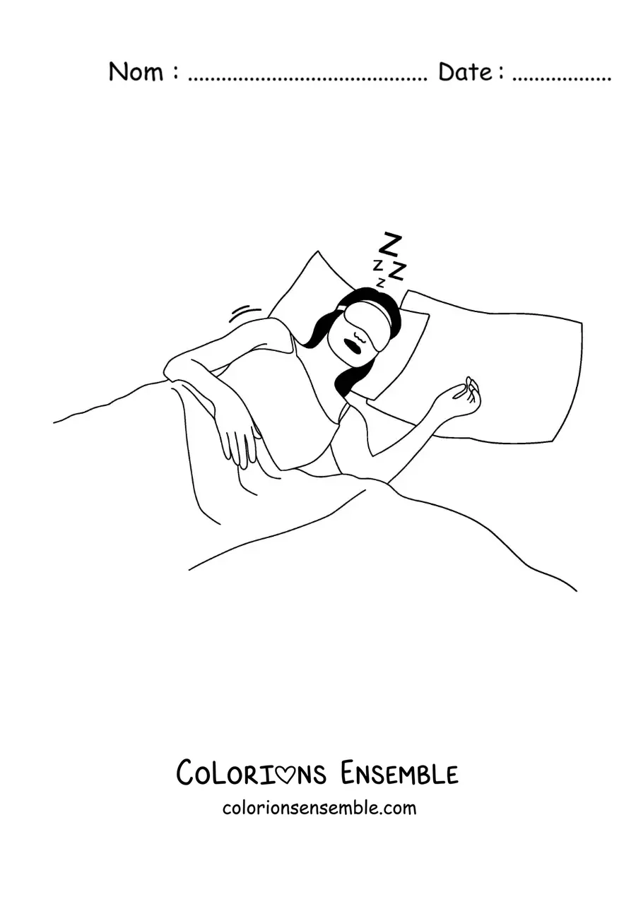 Image à colorier d'une femme endormie dans son lit avec un masque de nuit