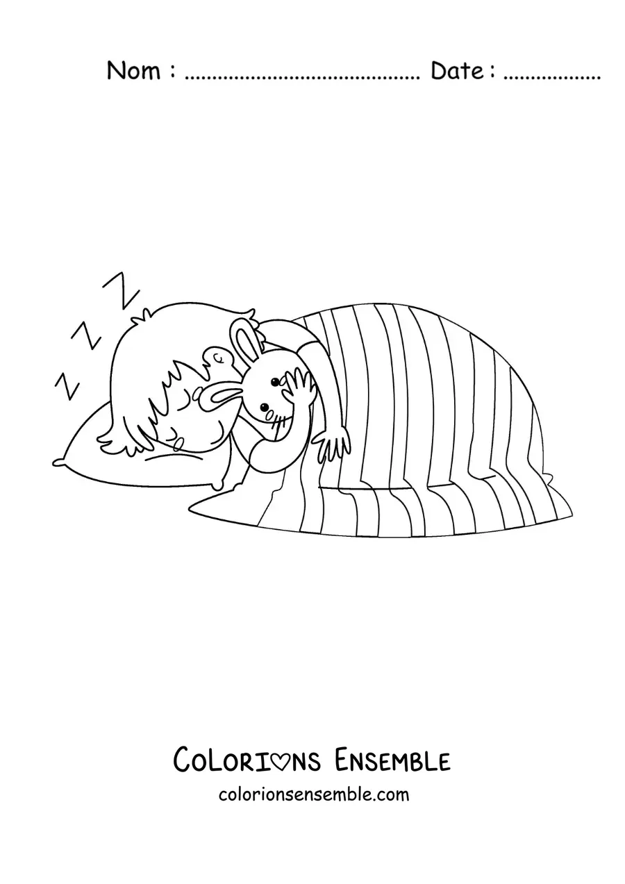 Image à colorier d'un petit garçon qui dort dans son lit avec son lapin en peluche