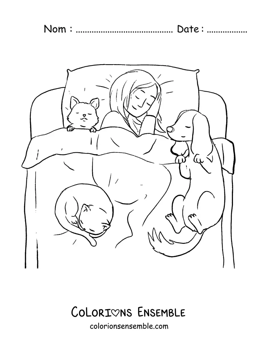 Image à colorier d'une petite fille qui dort dans son lit avec ses animaux de compagnie
