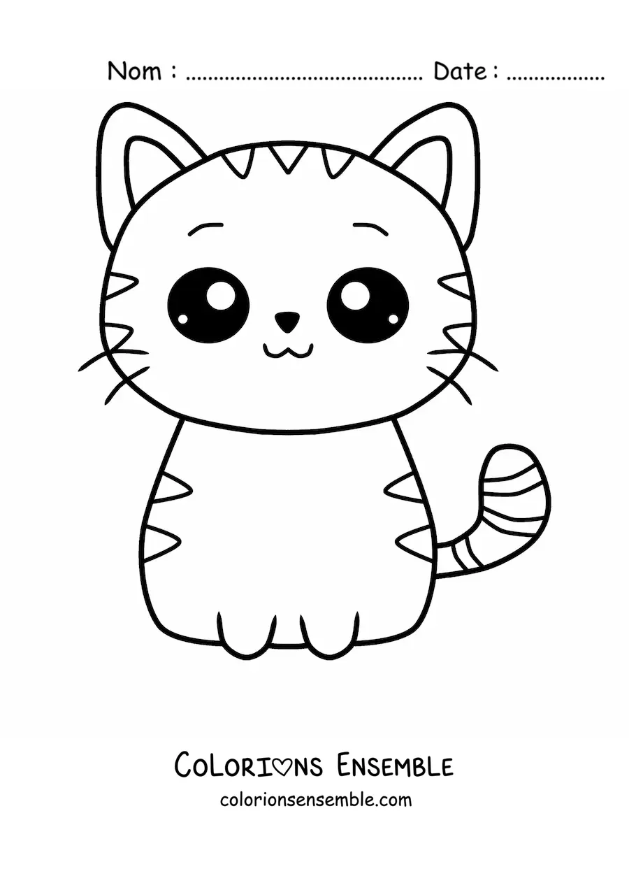 Image à colorier d’un chat kawaii à rayures assis