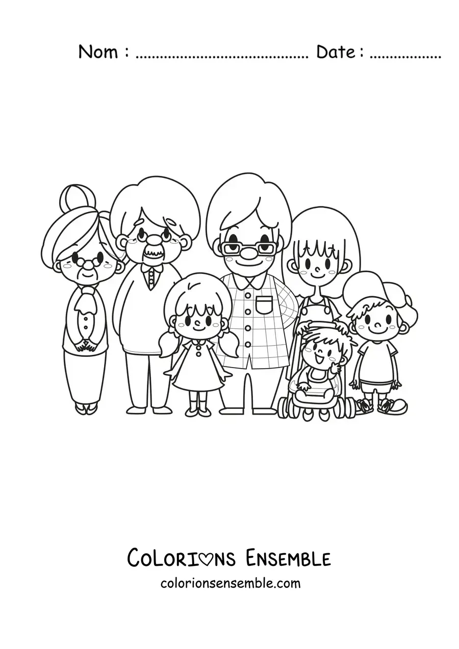 Image à colorier d'une famille kawaii qui pose avec ses grands-parents