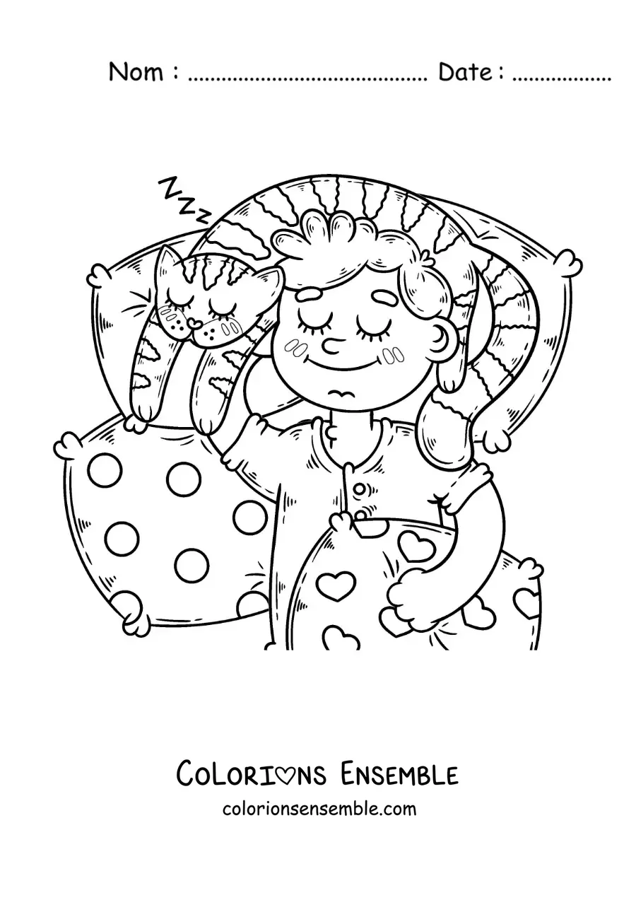 Image à colorier d'un petit garçon qui dort dans son lit avec son chat