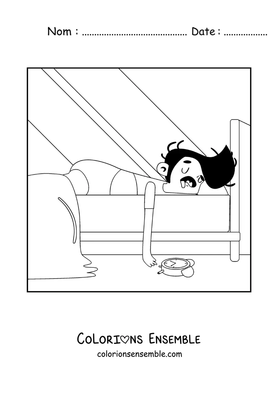 Image à colorier d'un homme qui fait la grasse matinée dans son lit