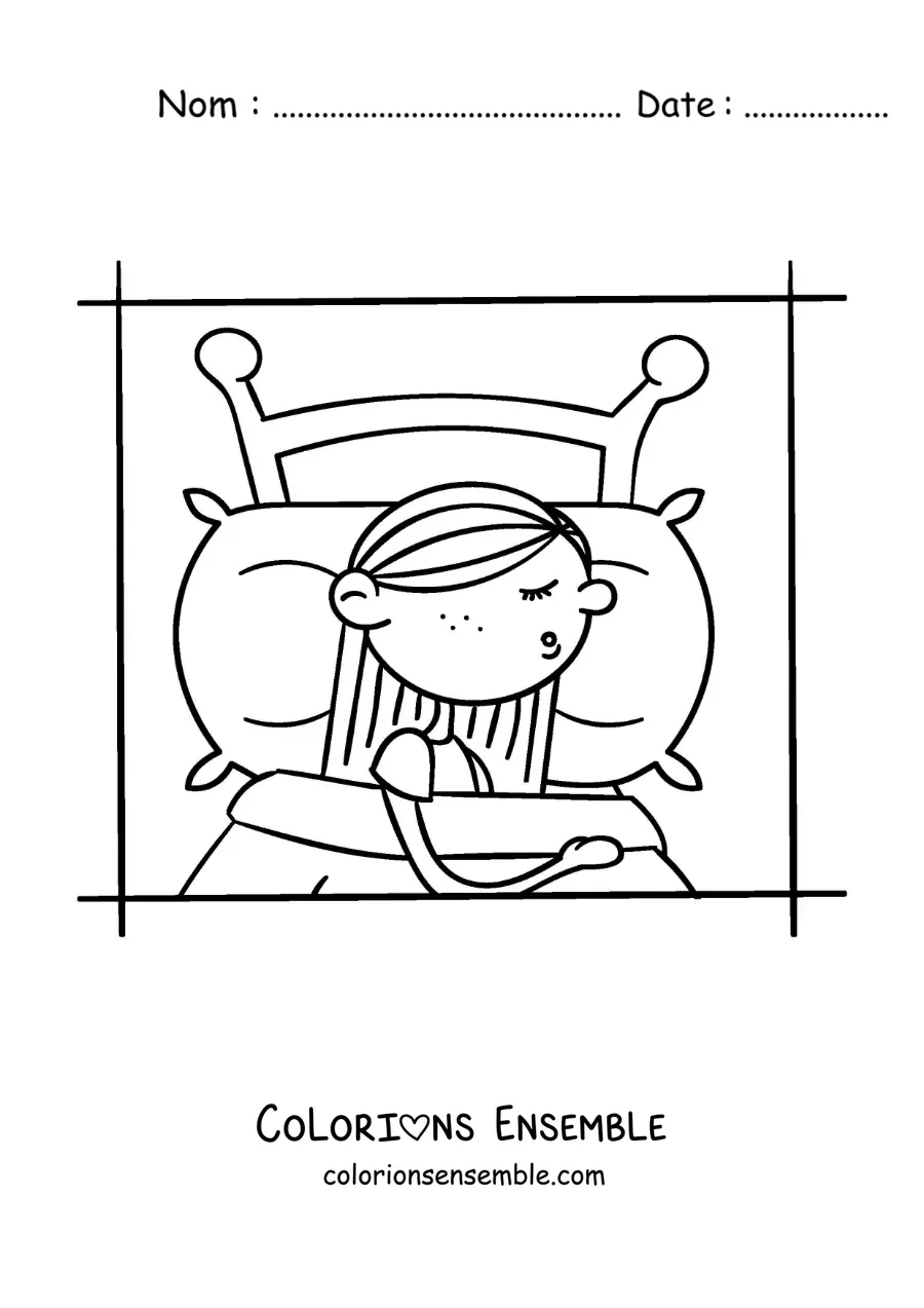 Image à colorier d'un dessin d'une petite fille qui dort dans son lit