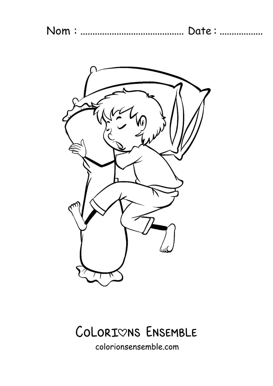 Image à colorier d'un petit garçon animé qui dort en serrant un oreiller